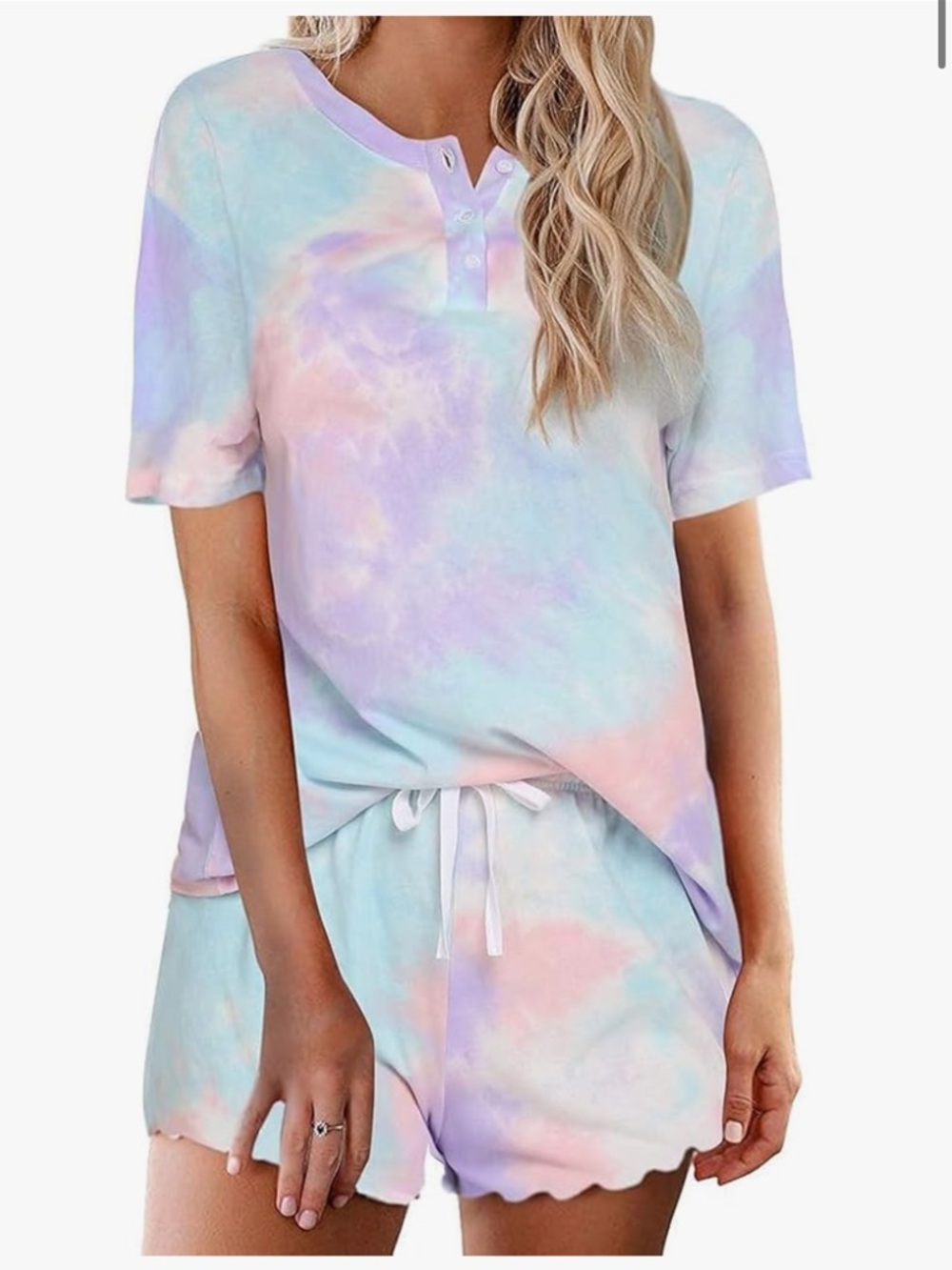 Pastel Tie-Dye Henley Short Sleeve Pajama Set - Pastel Multicolor